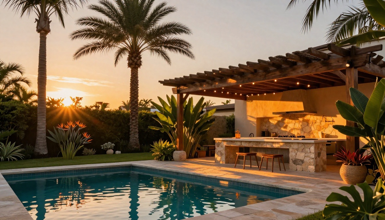 Luxury residential outdoor living space with pool, pergola and tropical garden at golden hour
