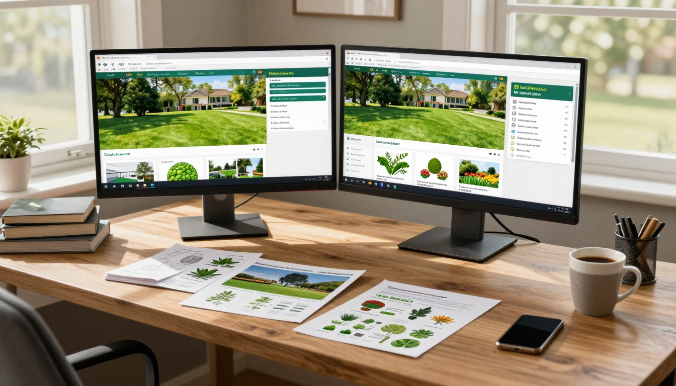 Landscaping business owner reviewing digital portfolio designs at home office desk with dual monitors