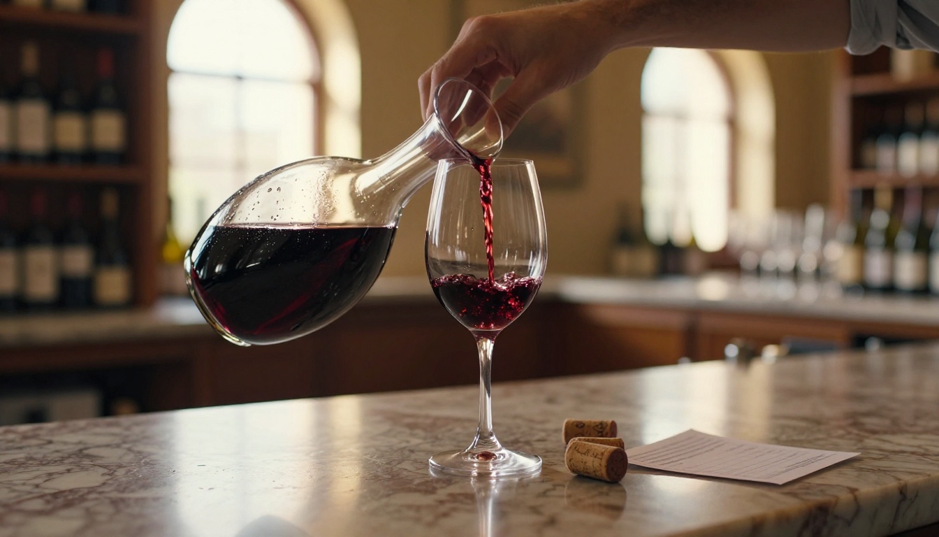 Close-up of sommelier pouring Cabernet Sauvignon from a crystal decanter on a marble tasting bar Close-up of sommelier pouring Cabernet Sauvignon from a crystal decanter on a marble tasting bar