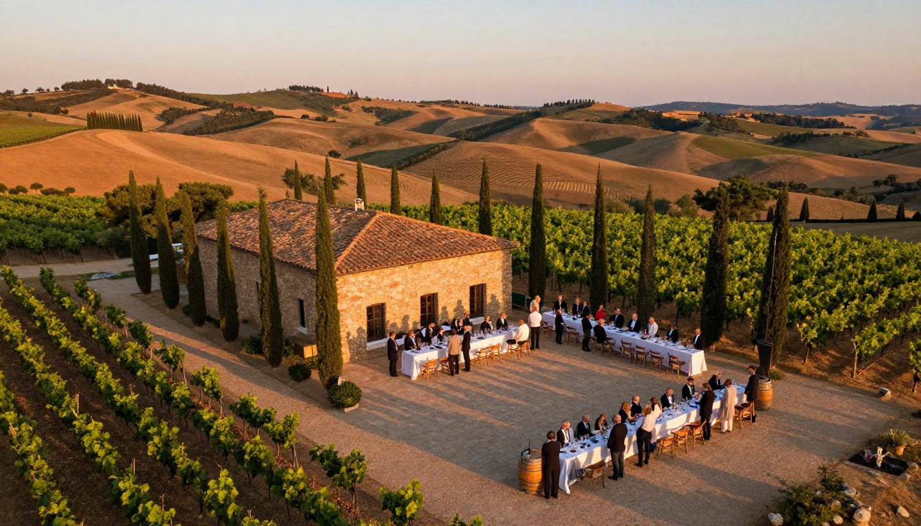 Wide aerial drone shot of a Tuscan winery estate at golden hour Wide aerial drone shot of a Tuscan winery estate at golden hour