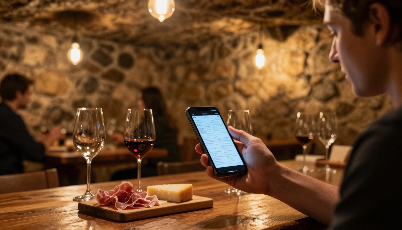 Wine tasting guest viewing interactive digital catalog on smartphone in a stone-walled wine cave cellar Wine tasting guest viewing interactive digital catalog on smartphone in a stone-walled wine cave cellar