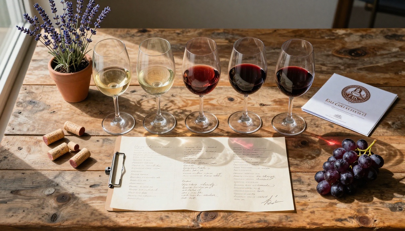 Flat lay of wine tasting materials on a weathered reclaimed wood table Flat lay of wine tasting materials on a weathered reclaimed wood table
