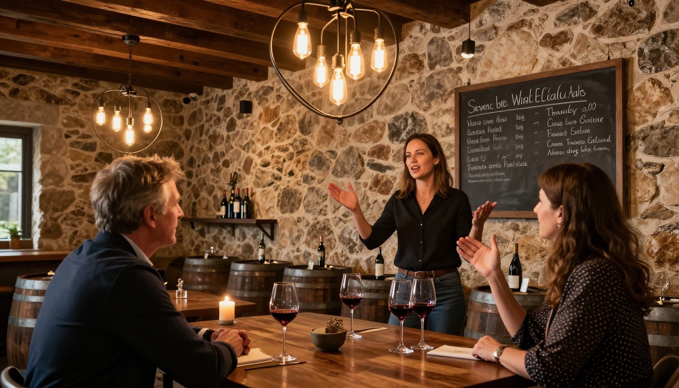 Intimate winery tasting room interior with sommelier presenting to a couple at a barrel table Intimate winery tasting room interior with sommelier presenting to a couple at a barrel table