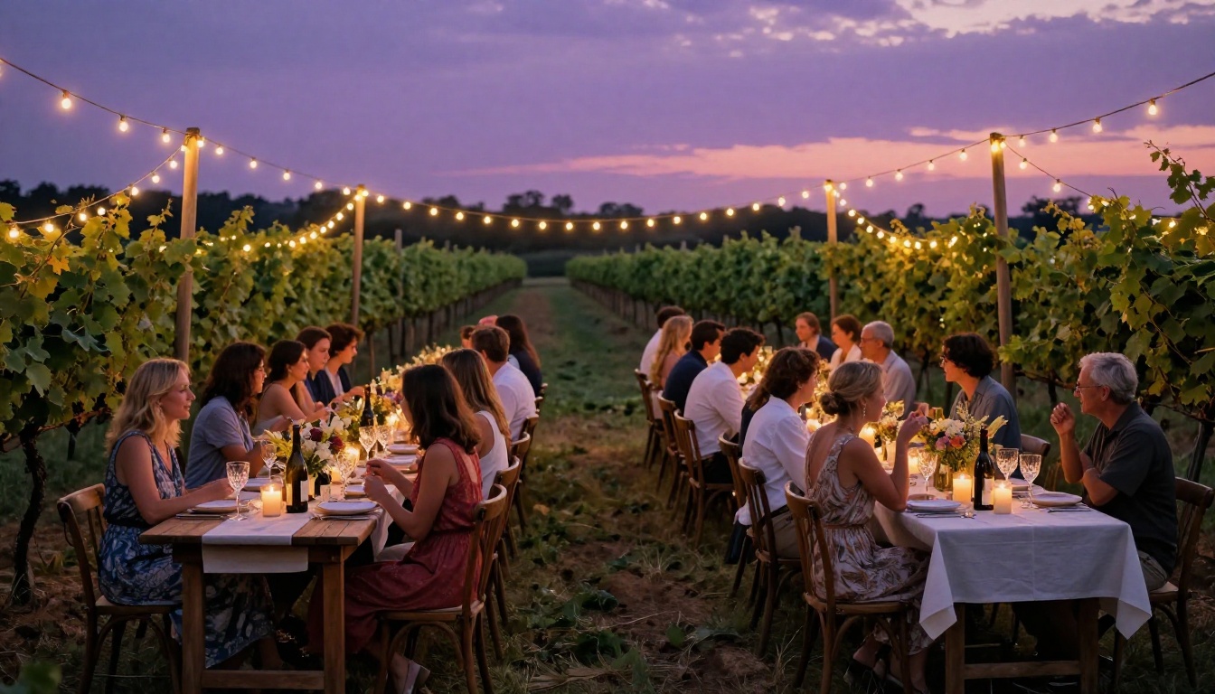 Magical vineyard harvest dinner event at dusk with string lights between vine rows Magical vineyard harvest dinner event at dusk with string lights between vine rows