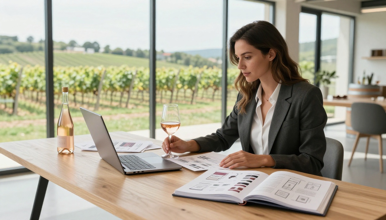 Winery marketing professional reviewing digital wine materials on a laptop in a bright studio space Winery marketing professional reviewing digital wine materials on a laptop in a bright studio space