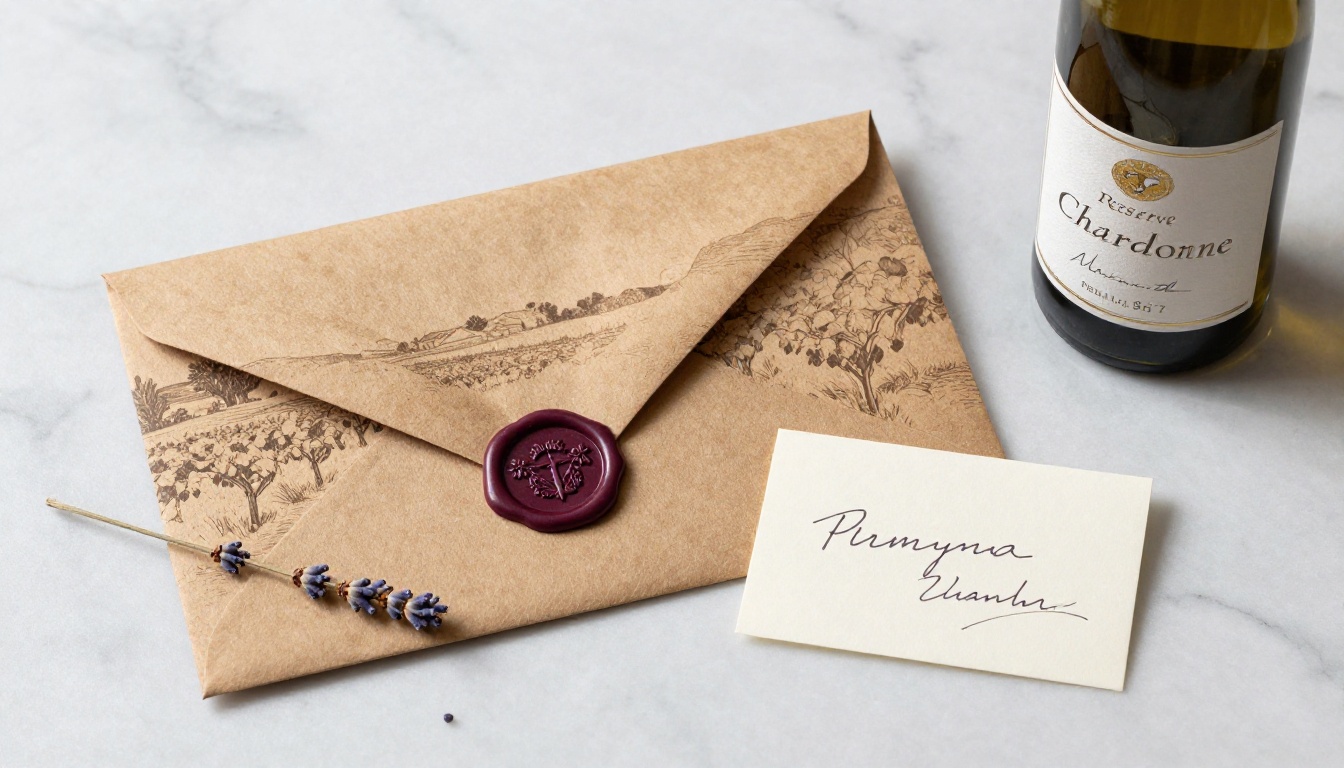 Premium wine club membership package displayed on a marble surface with wax seal and handwritten note Premium wine club membership package displayed on a marble surface with wax seal and handwritten note