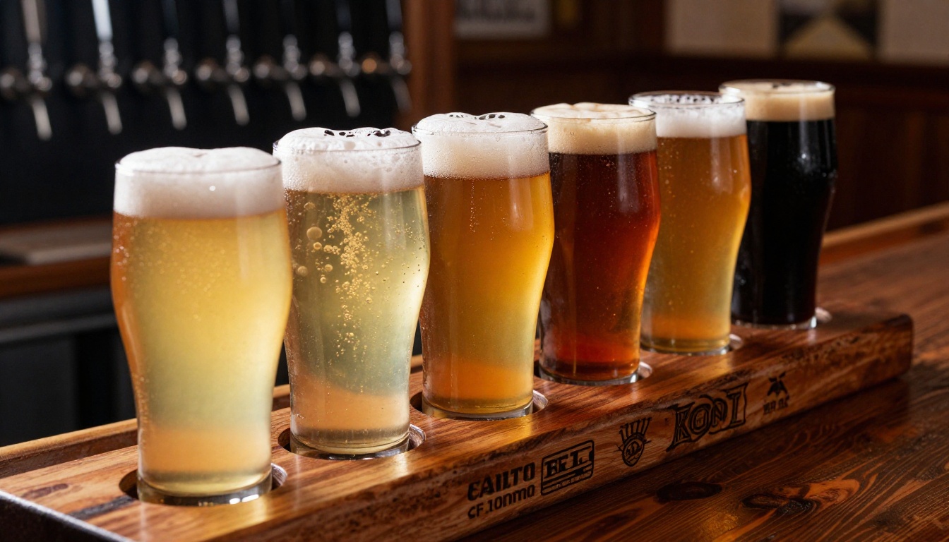A craft beer flight paddle with five tasting glasses on a dark reclaimed-wood bar surface, dramatic side Edison bulb lighting