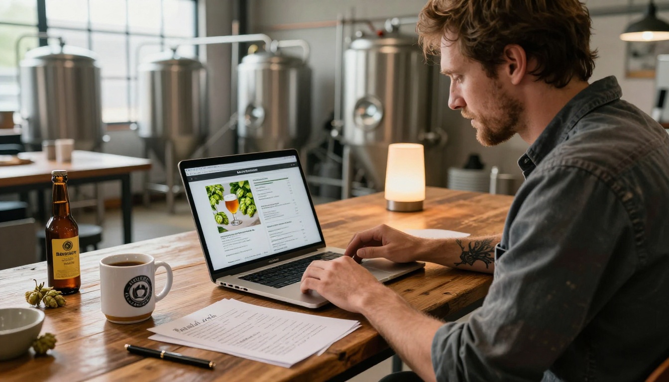 A craft brewery owner seated at a reclaimed wood desk reviewing a PDF beer menu on a MacBook laptop, warm afternoon sunlight through industrial windows
