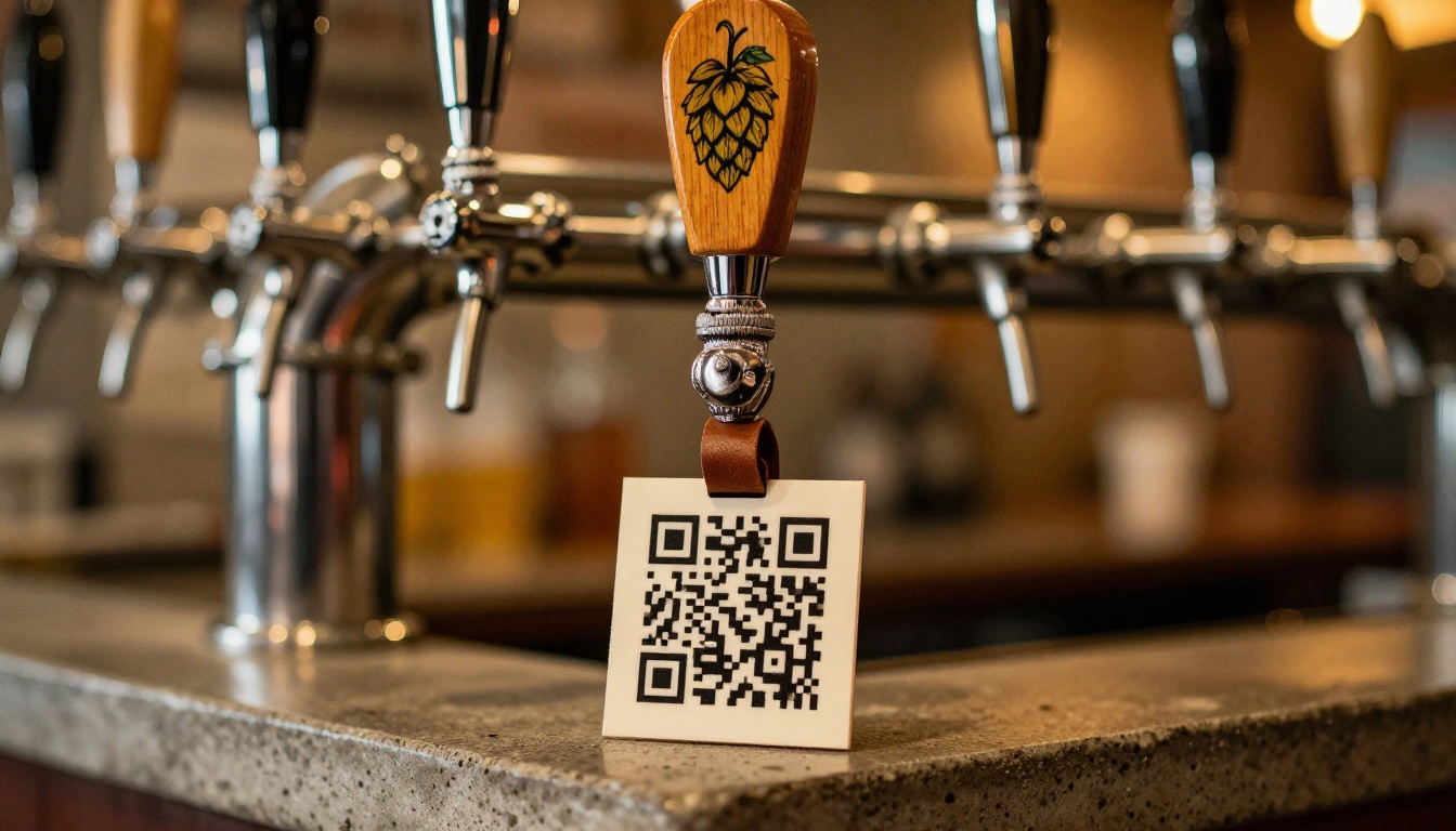 A close-up of a single craft brewery tap handle with a QR code card attached by a leather strap, warm Edison bulb lighting, shallow depth of field taproom background