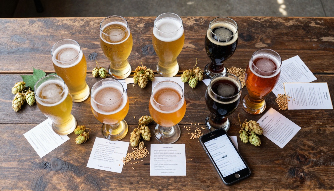 Aerial overhead flat-lay of six different craft beer glasses on a rustic dark oak brewery table with scattered hop cones and barley grains