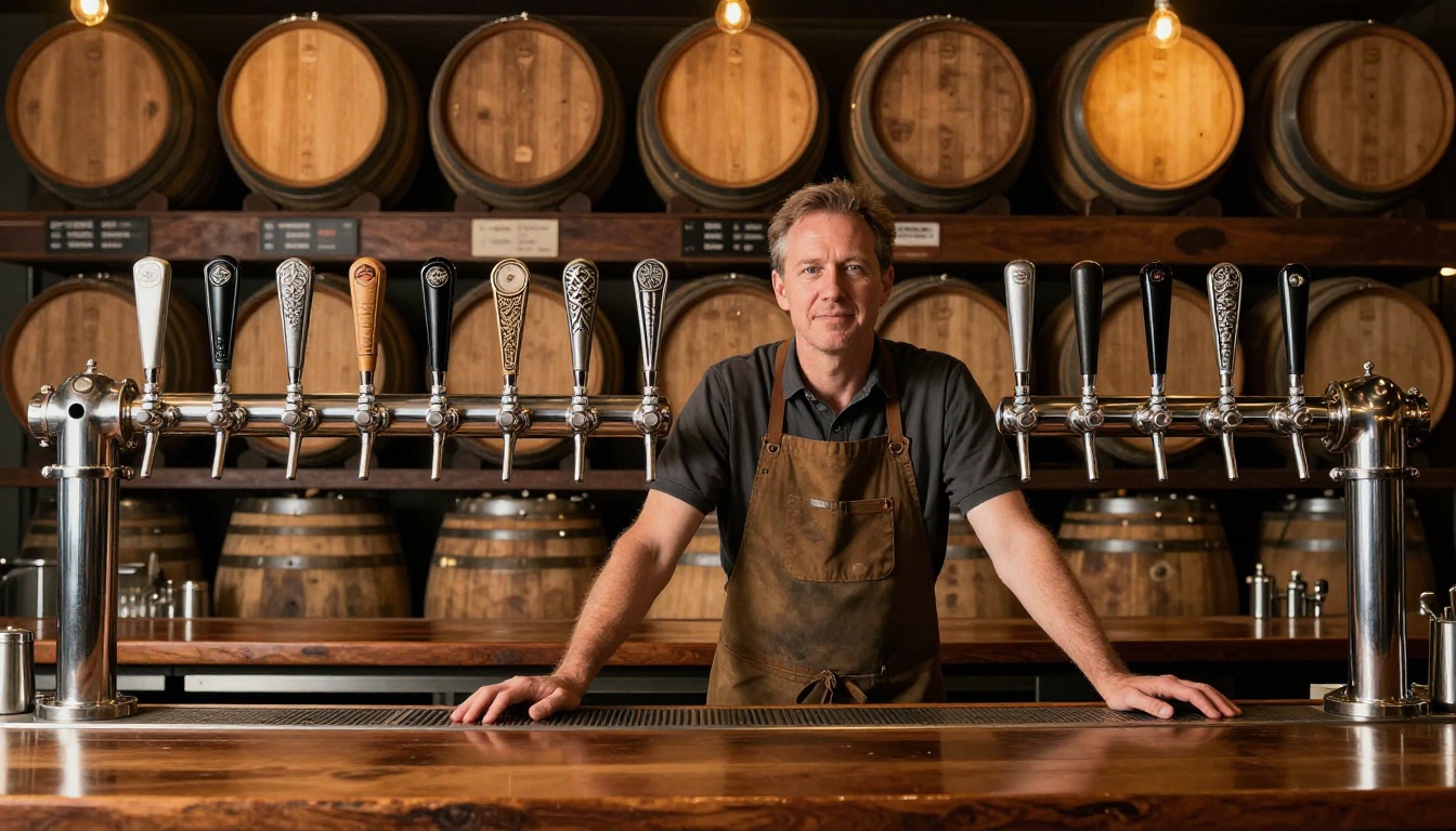 A master brewer in a canvas apron standing confidently behind a long bar with a full row of distinctive chrome tap handles, warm tungsten and Edison bulb lighting, stacked oak barrels behind