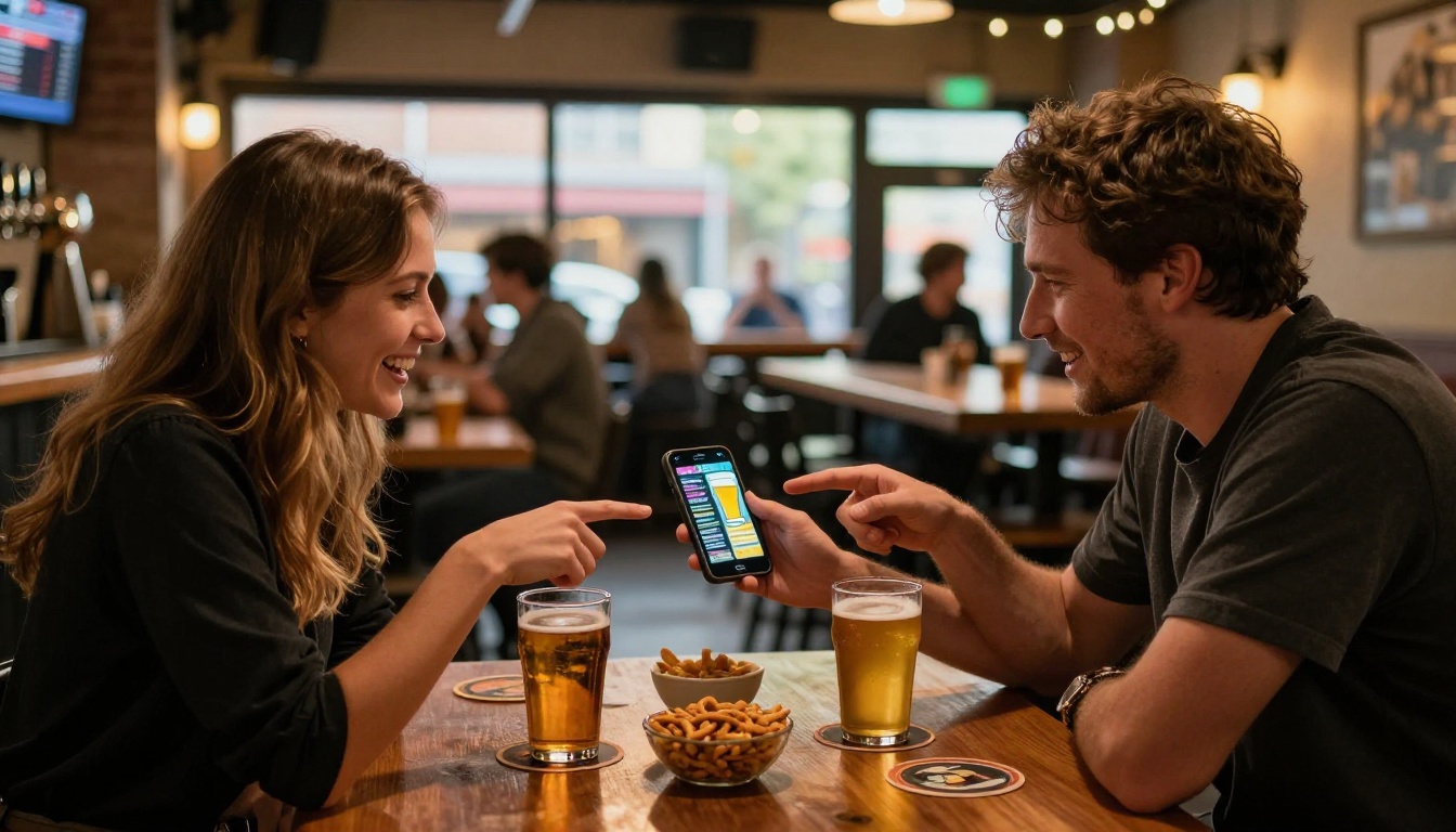 Two friends at a brewery taproom table browsing a digital beer menu flipbook on a smartphone together, warm ambient lighting, pint glasses on table