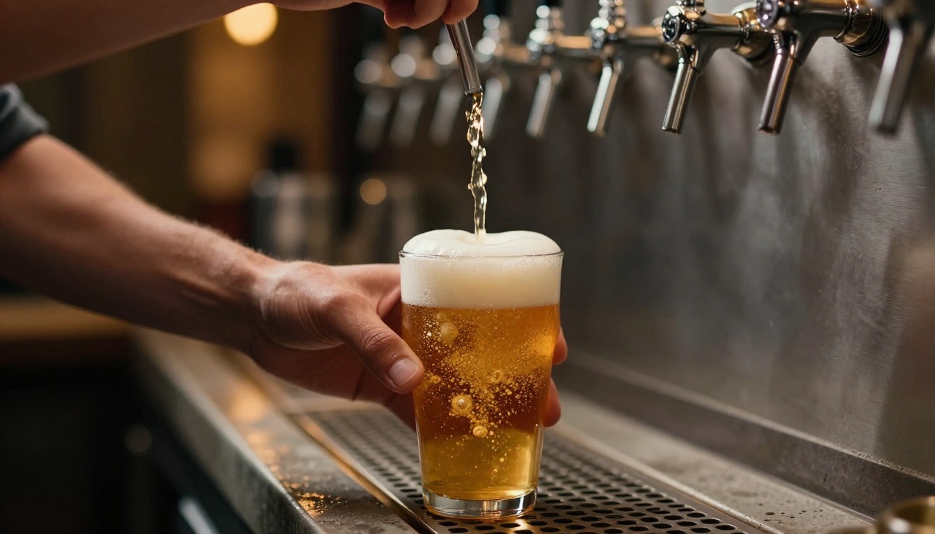 A bartender's hands pouring a craft IPA from a chrome tap handle into a branded pint glass, golden amber beer stream with thick creamy white head, cinematic side lighting