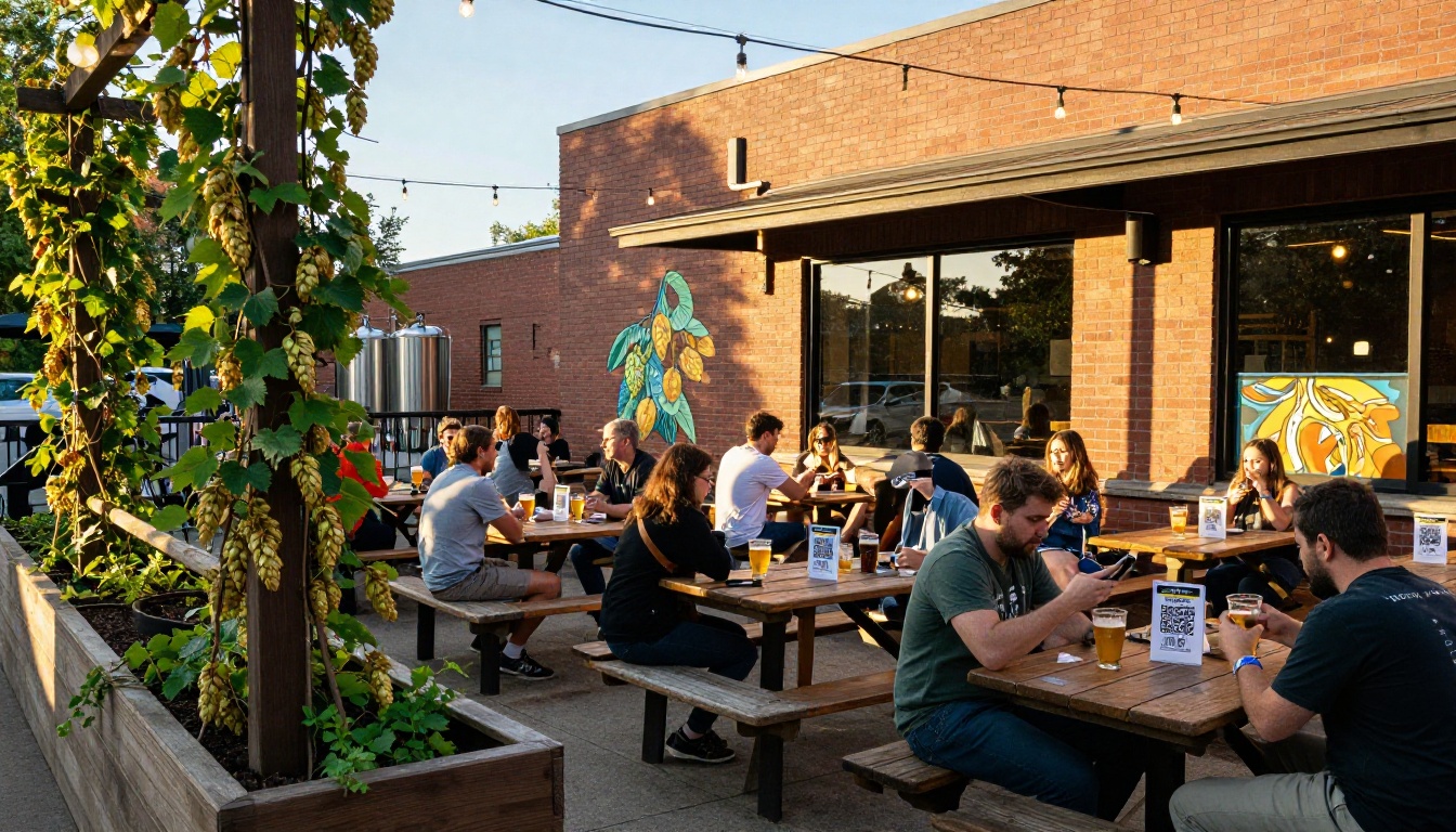 A brewery outdoor patio on a warm afternoon with picnic tables and guests enjoying craft beers, hops vines on trellises, QR code table tents visible in the foreground