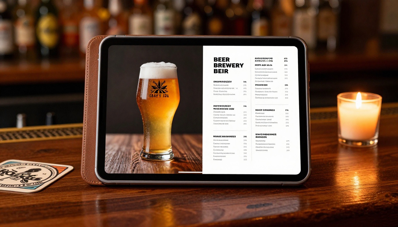 An open iPad Pro on a walnut bar counter displaying a two-page brewery beer menu flipbook spread, candlelight and warm Edison bulb lighting, leather folio case