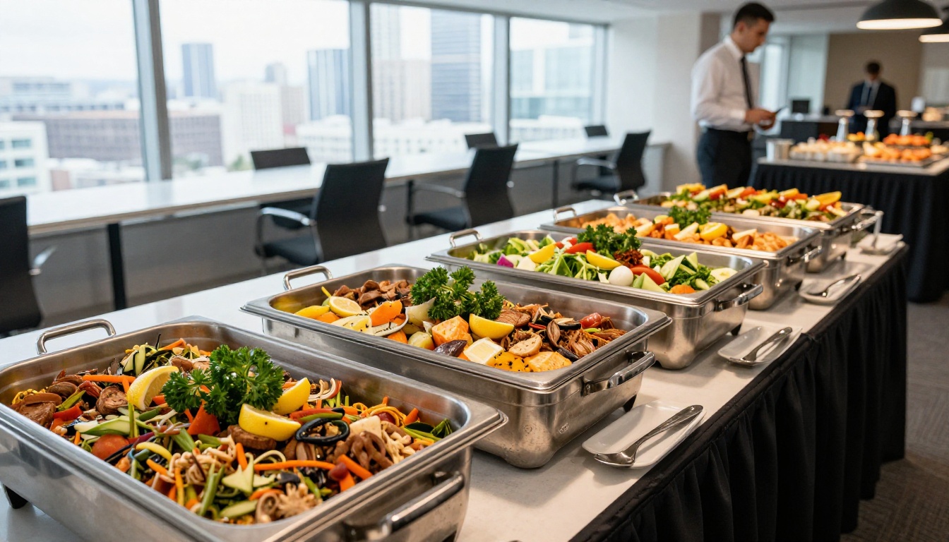 Corporate catering buffet setup at office event