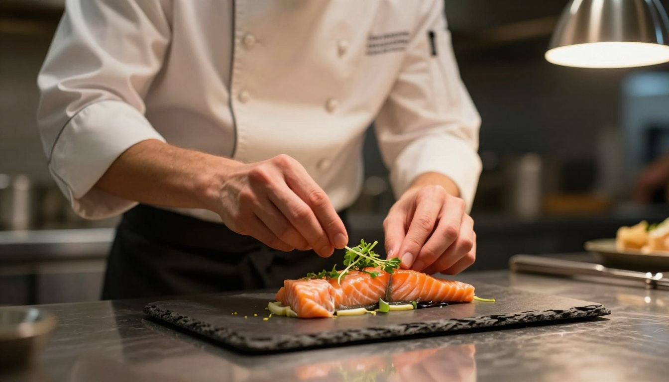 Chef carefully plating an appetizer close-up
