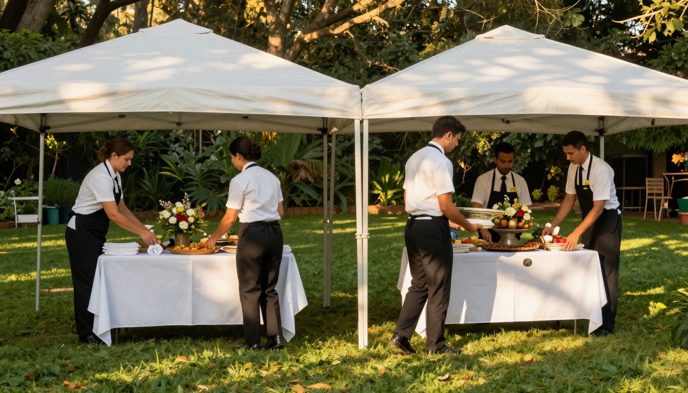 Catering service team setting up outdoor event