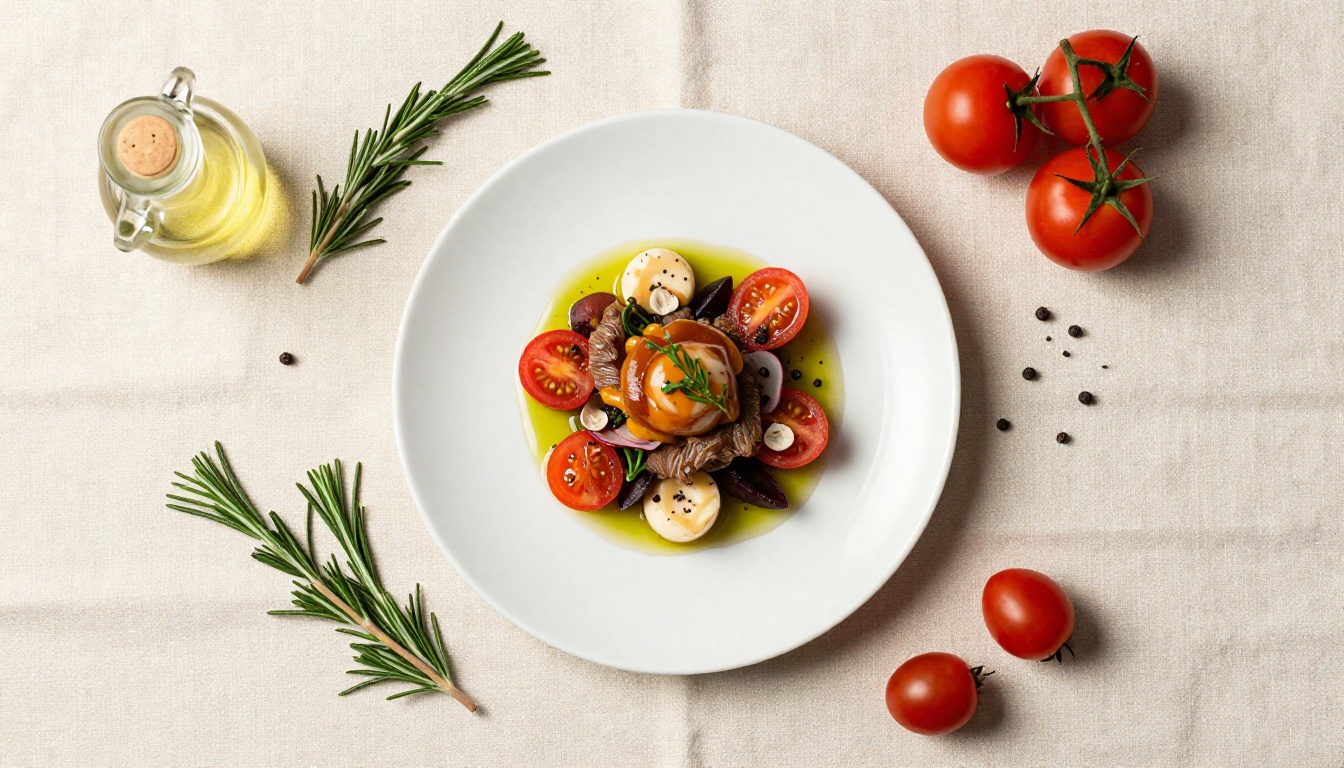 Catering menu flat-lay with plated appetizer and ingredients Catering menu flat-lay with plated appetizer and ingredients