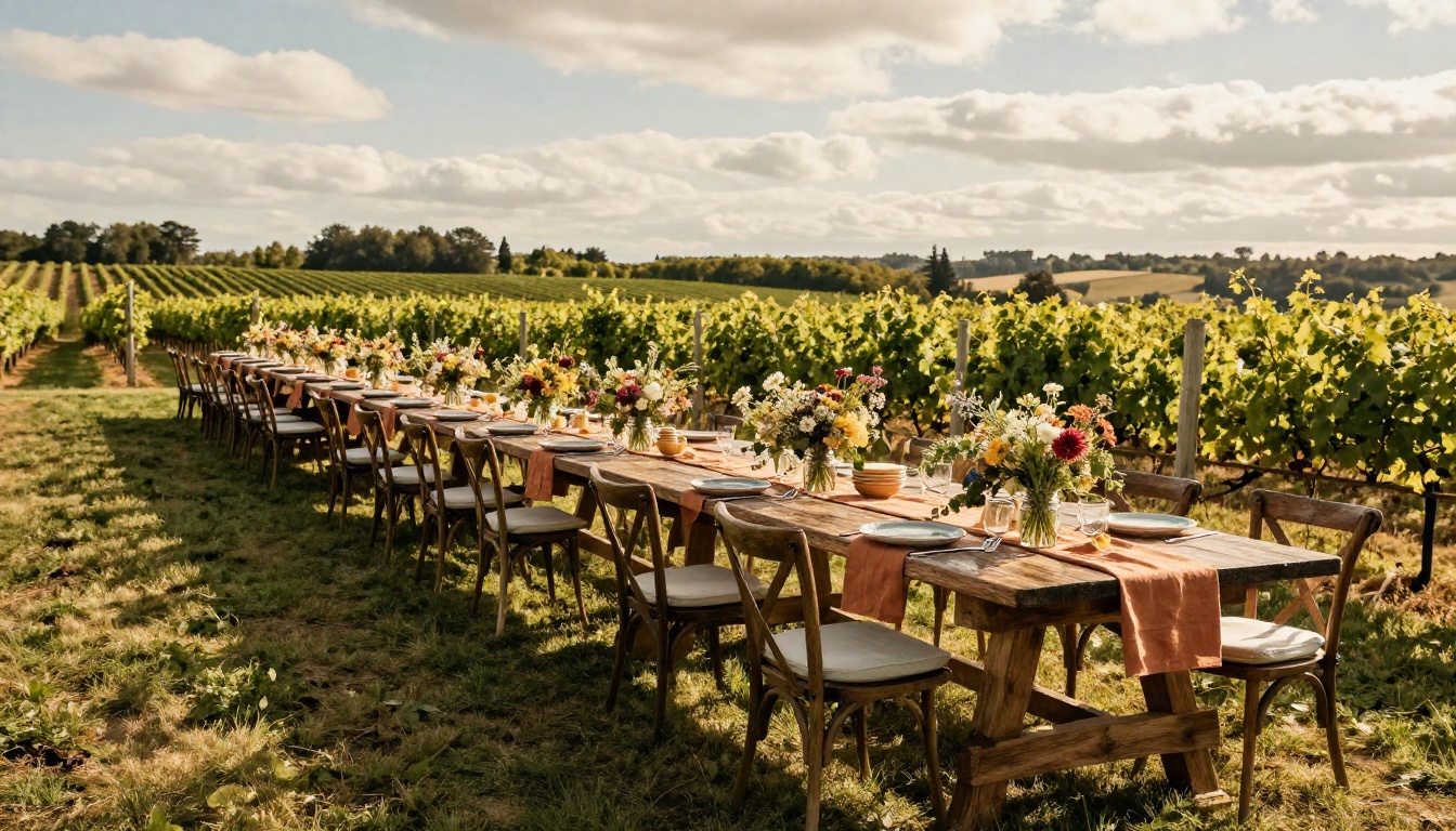 Outdoor vineyard catering event setup at golden hour Outdoor vineyard catering event setup at golden hour