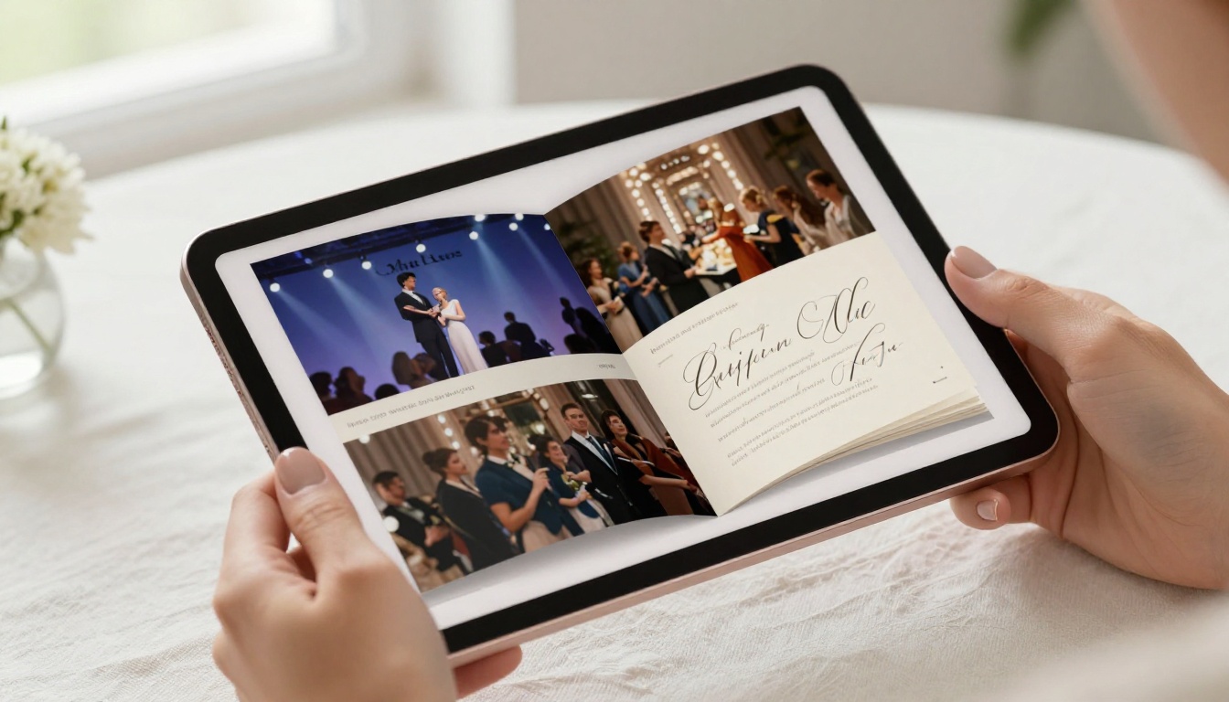 Close-up of hands holding a rose-gold tablet displaying a digital event portfolio flipbook mid-page-turn Close-up of hands holding a rose-gold tablet displaying a digital event portfolio flipbook mid-page-turn