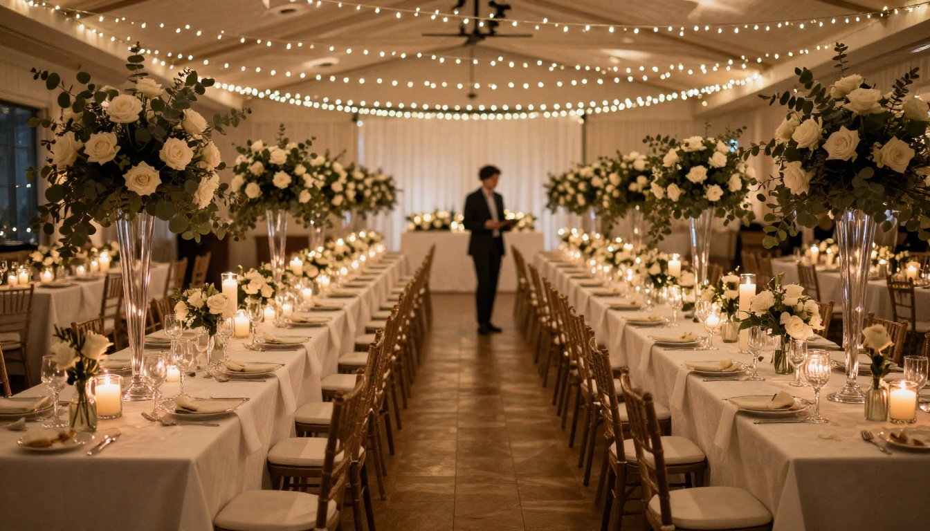 Elegantly decorated wedding reception hall with white linen tables, tall glass centerpieces with white roses, string lights overhead, warm candlelight Elegantly decorated wedding reception hall with white linen tables, tall glass centerpieces with white roses, string lights overhead, warm candlelight