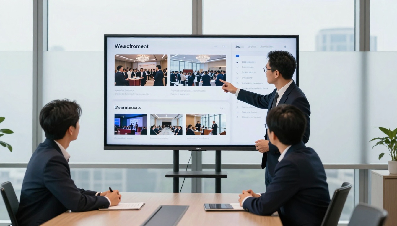 Corporate event coordinator in navy suit presenting digital portfolio flipbook to seated clients at conference table Corporate event coordinator in navy suit presenting digital portfolio flipbook to seated clients at conference table