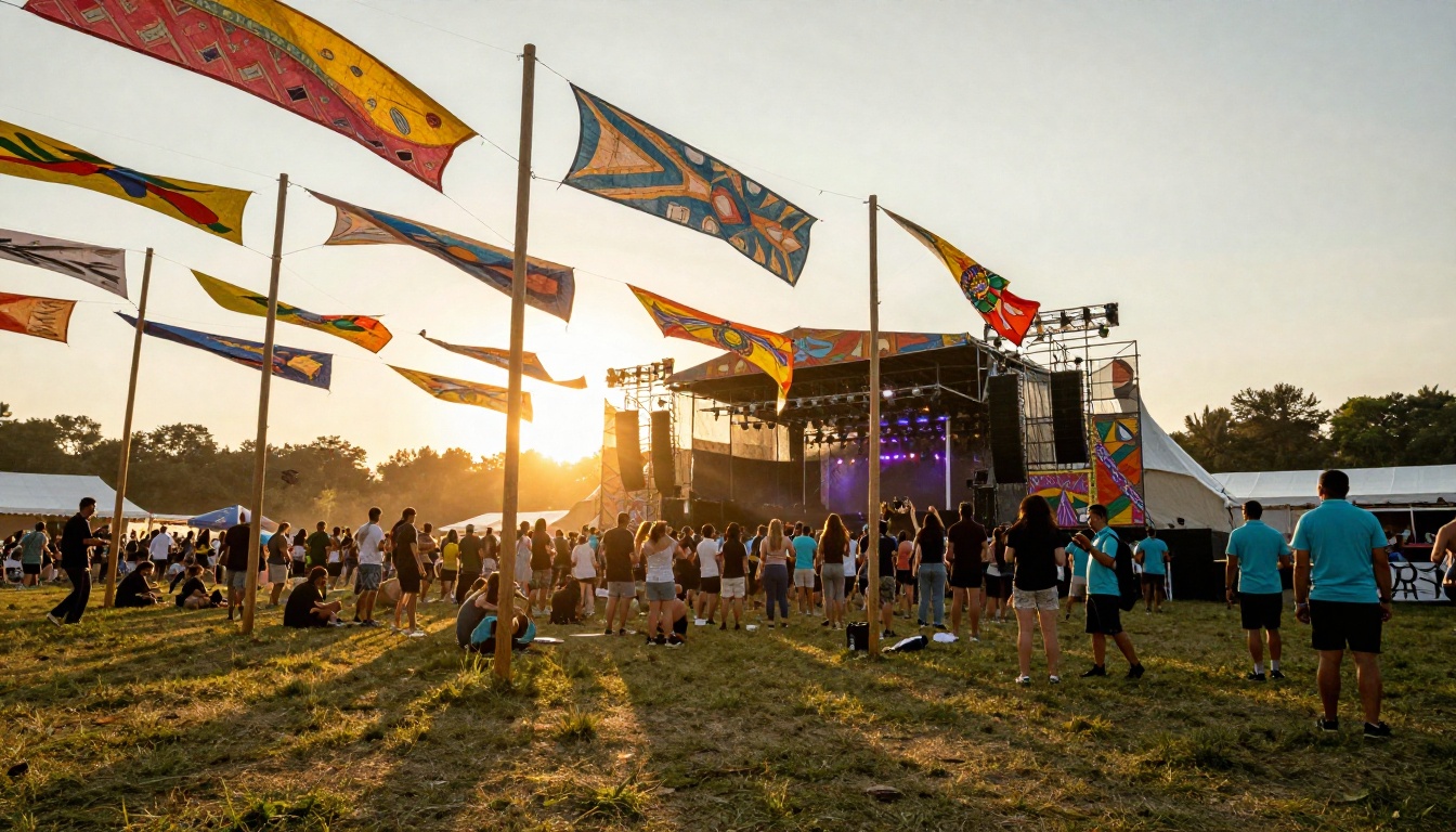 Low-angle shot of vibrant outdoor summer festival with colorful fabric banners, decorated stage, and crowd silhouettes in golden light Low-angle shot of vibrant outdoor summer festival with colorful fabric banners, decorated stage, and crowd silhouettes in golden light