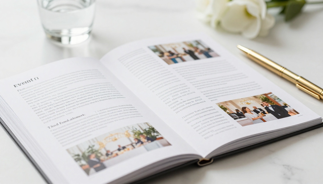 Open event planning portfolio book on marble desk showing printed client testimonials alongside event photographs Open event planning portfolio book on marble desk showing printed client testimonials alongside event photographs