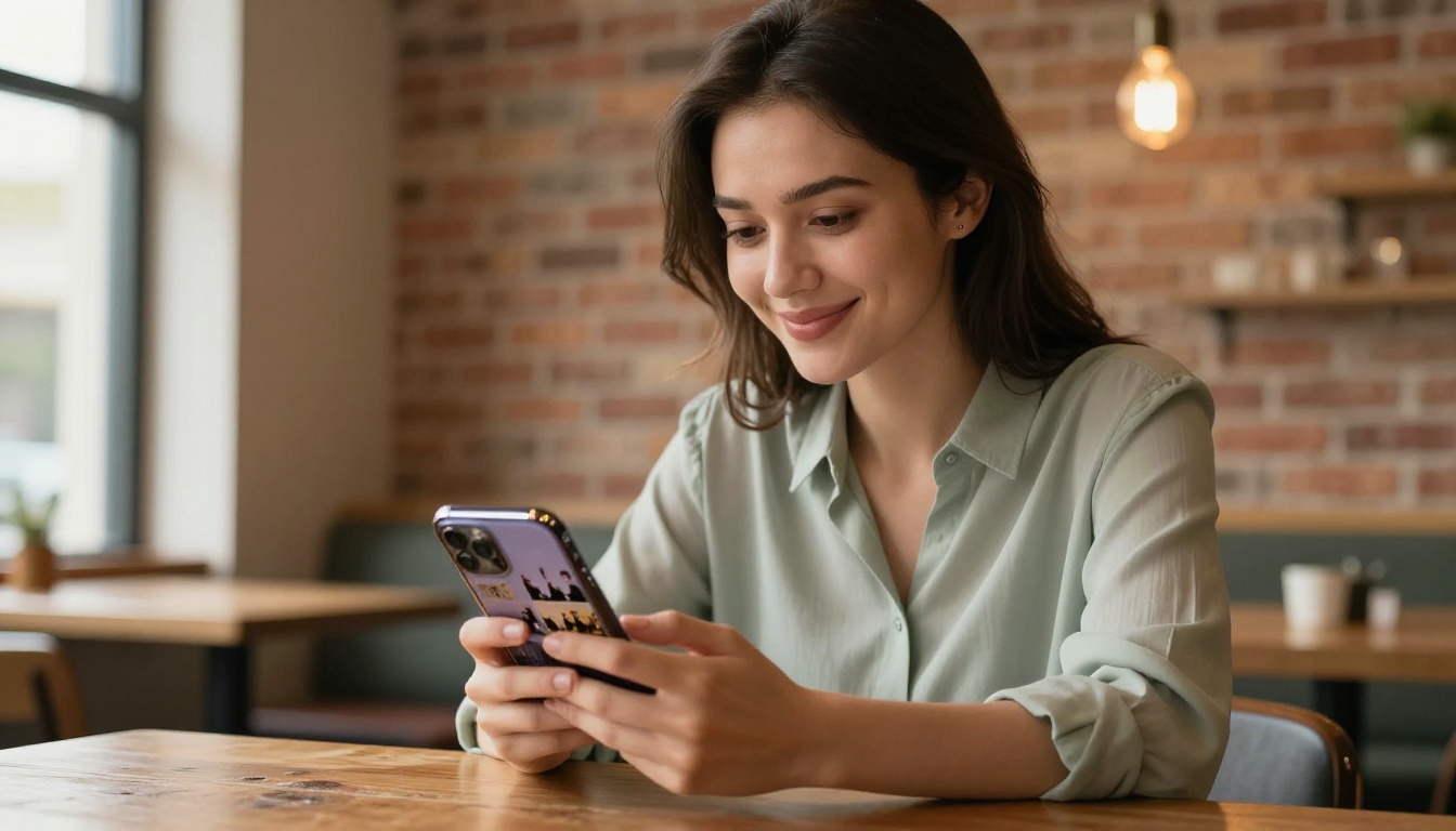 Young professional woman smiling while viewing digital flipbook portfolio on smartphone in a warm cafe setting Young professional woman smiling while viewing digital flipbook portfolio on smartphone in a warm cafe setting