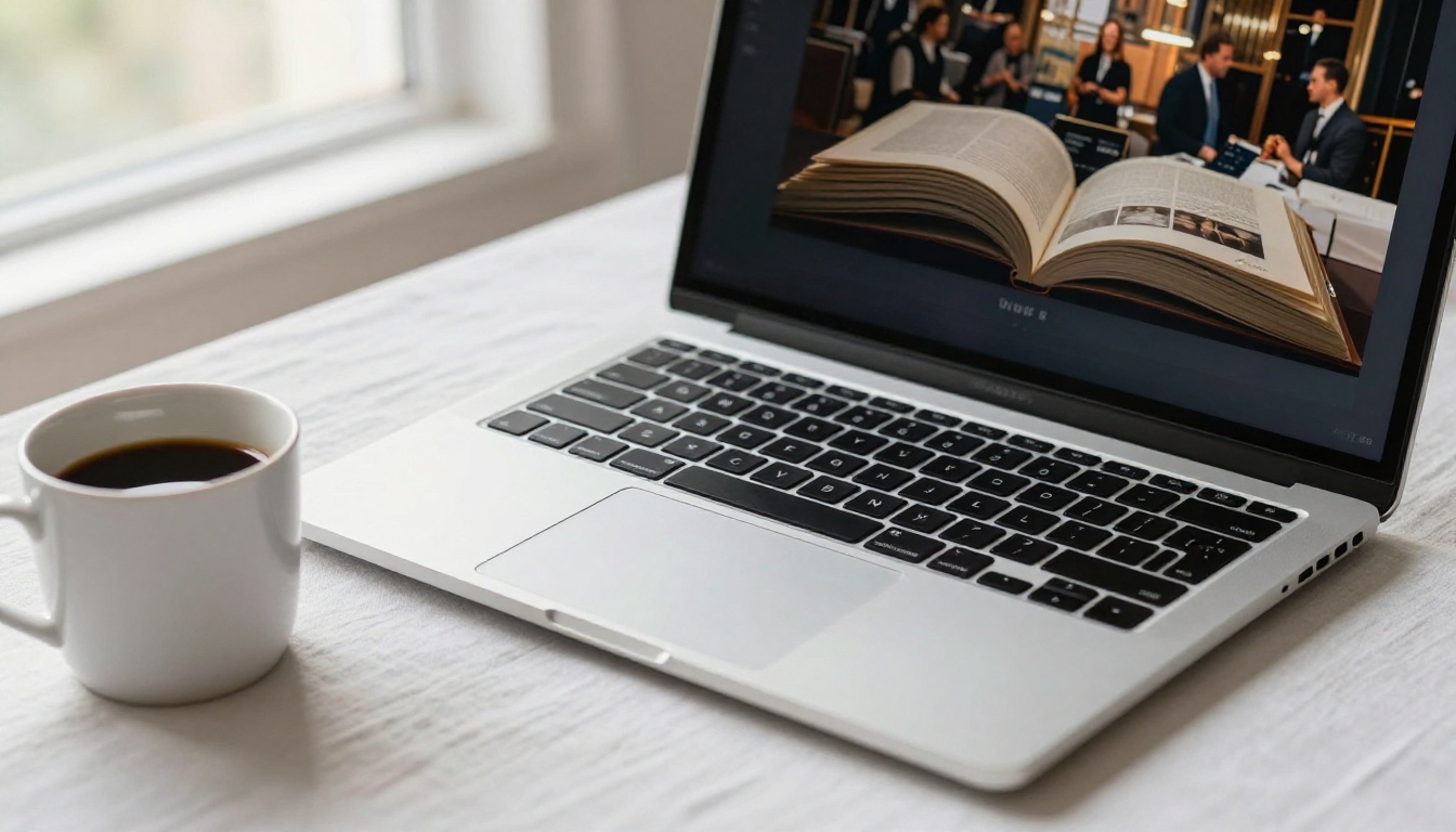 Silver laptop on a white linen desk displaying a digital flipbook mid-page-turn with a ceramic coffee mug alongside Silver laptop on a white linen desk displaying a digital flipbook mid-page-turn with a ceramic coffee mug alongside