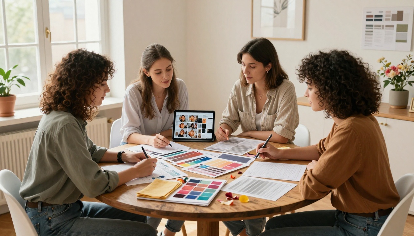 Two female event planners and a young couple reviewing portfolio flipbook and mood boards together around a round table in a bright studio Two female event planners and a young couple reviewing portfolio flipbook and mood boards together around a round table in a bright studio