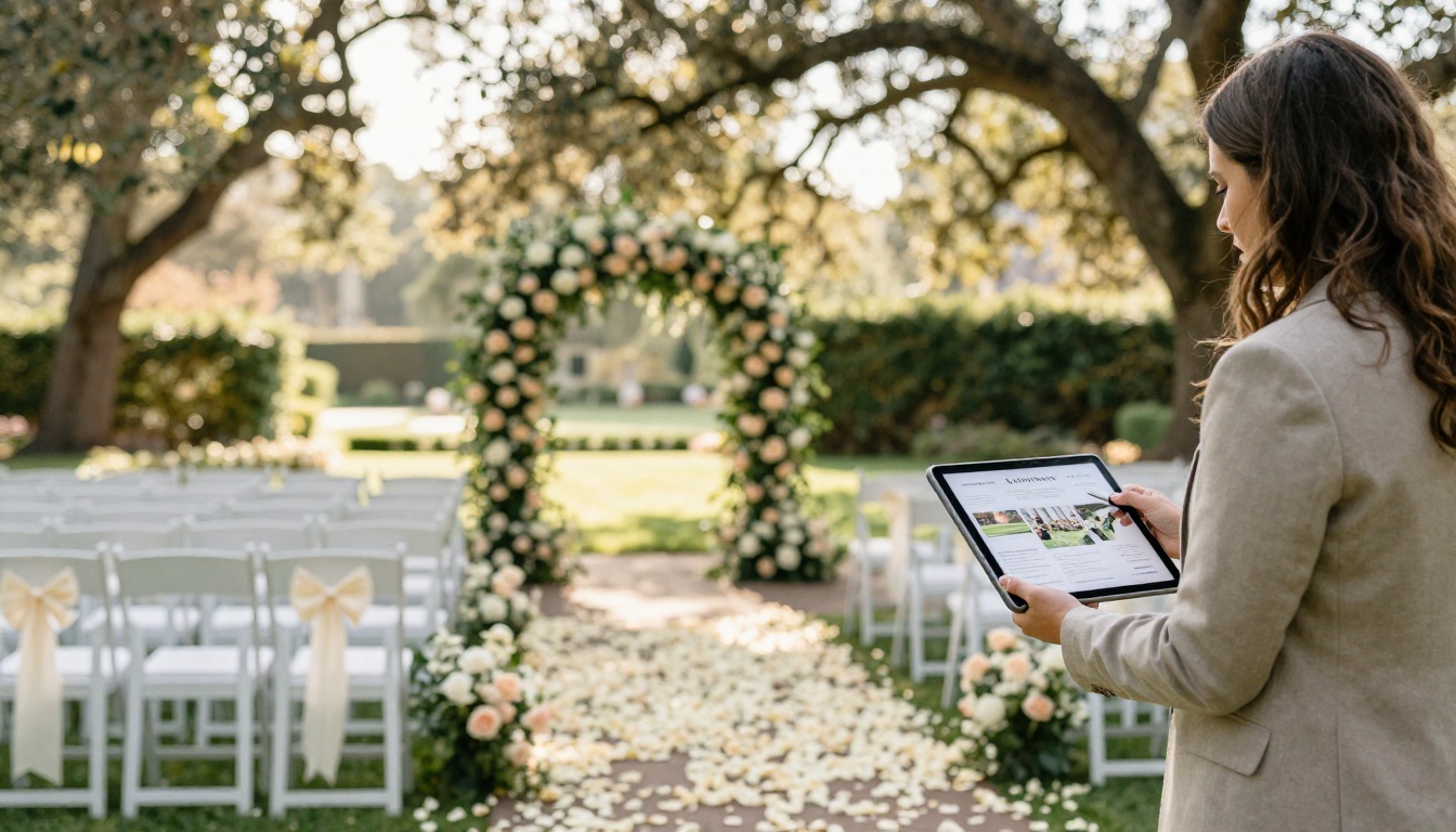 Elegant outdoor wedding ceremony setup with a coordinator presenting a venue flipbook on tablet