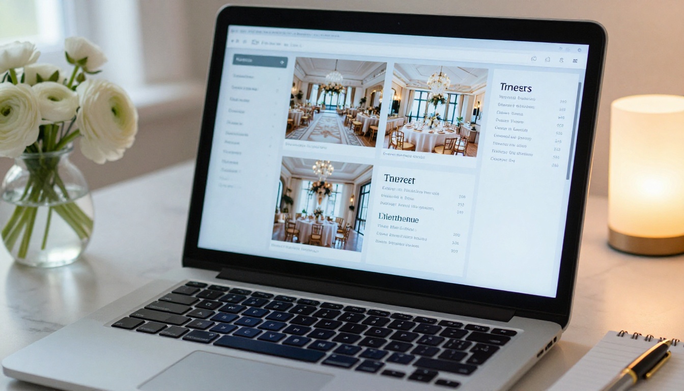Laptop screen displaying a beautifully designed digital flipbook for a wedding venue