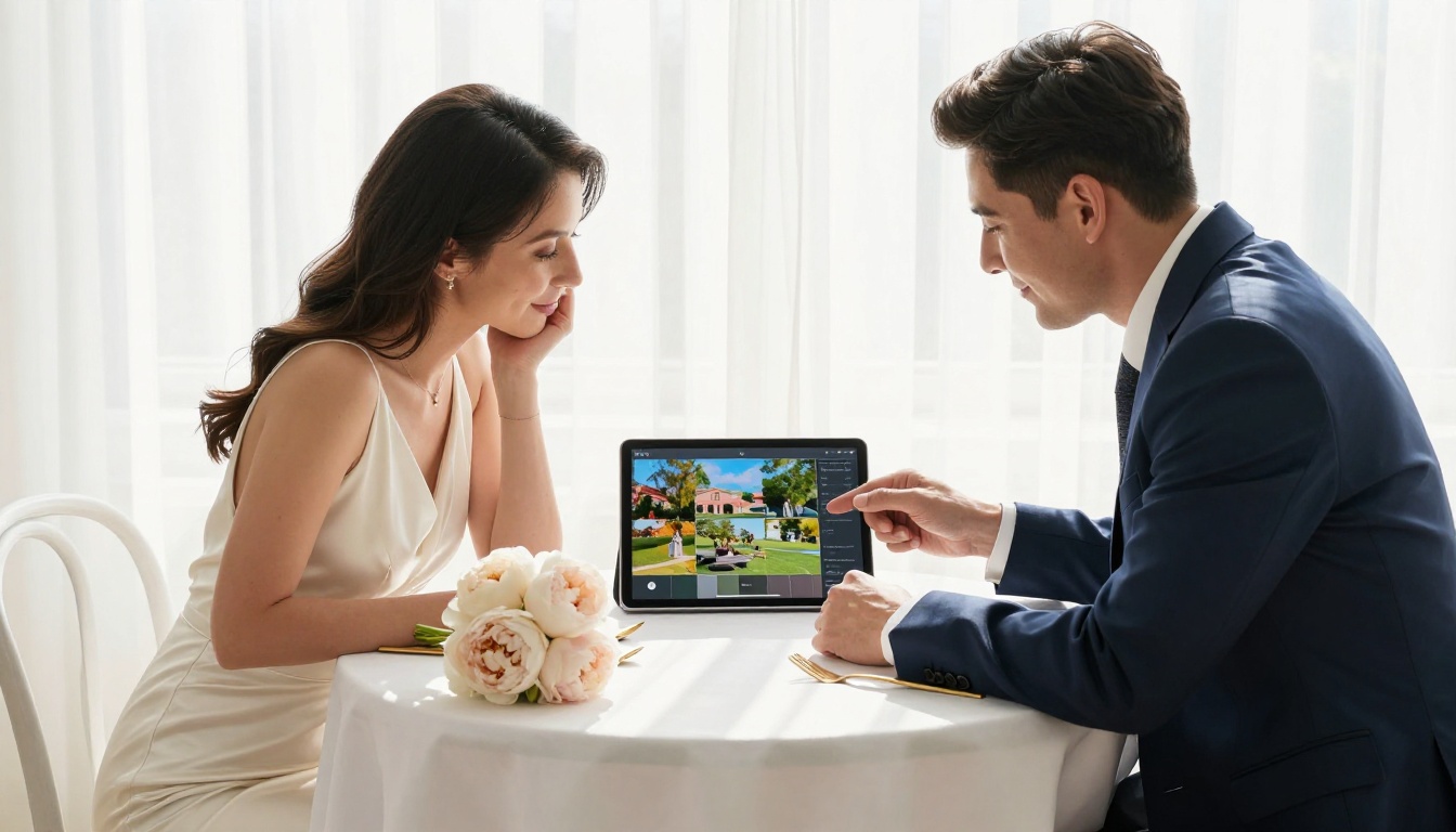Couple reviewing wedding venue flipbook on a tablet together