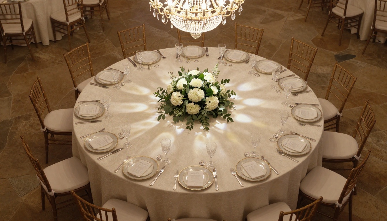 Aerial view of wedding venue reception table layout in a grand hall