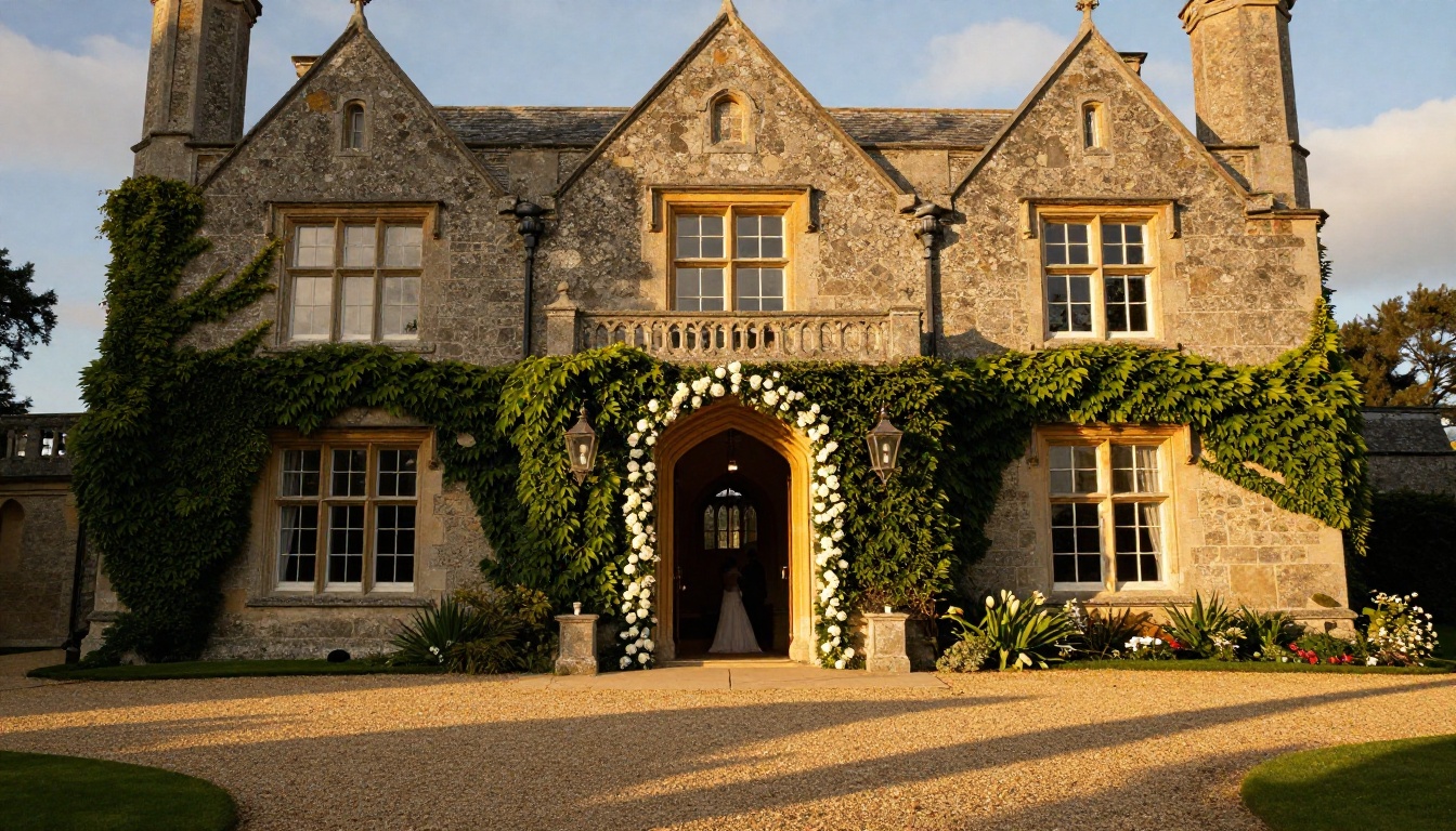 Historic wedding venue stone manor facade at golden hour