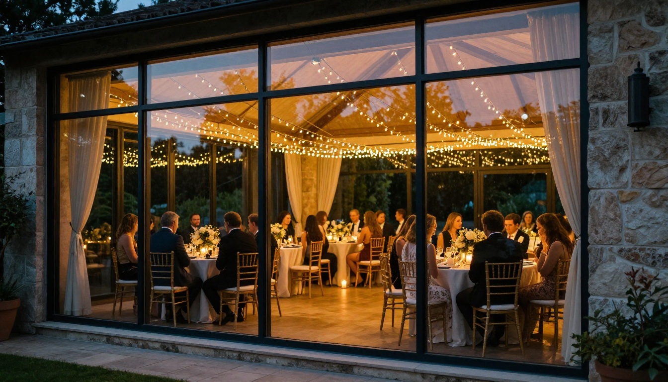 Wedding venue reception glowing at twilight through glass doors