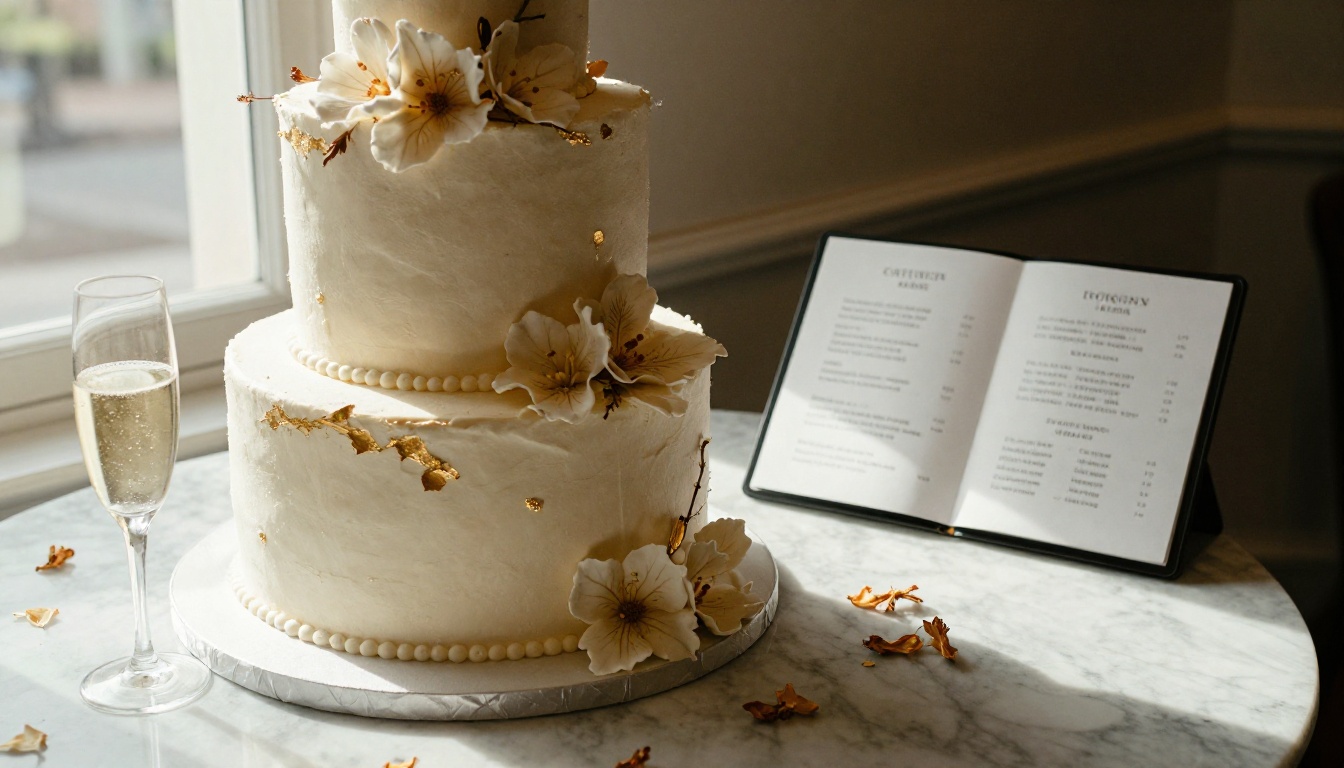 Wedding cake tasting display with a catering menu flipbook on tablet beside it