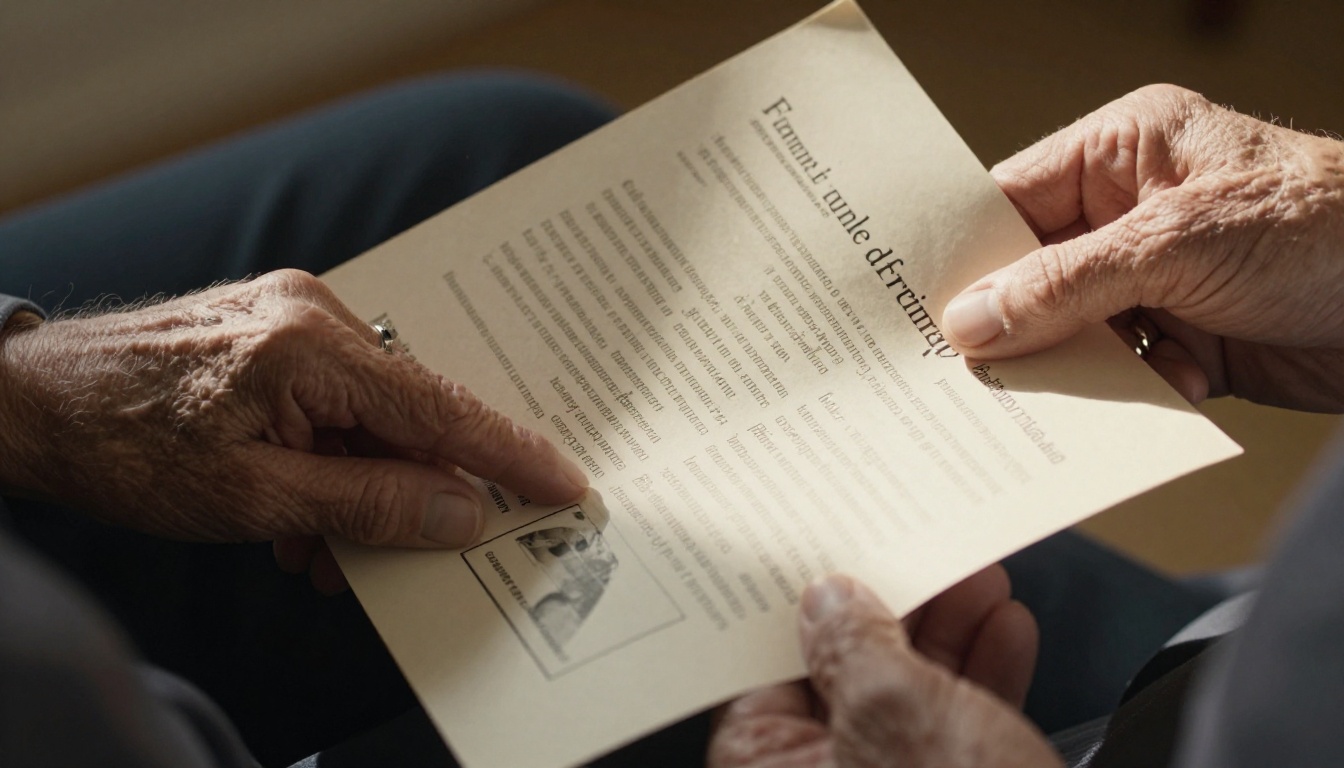 Elderly hands holding a worn printed funeral service program