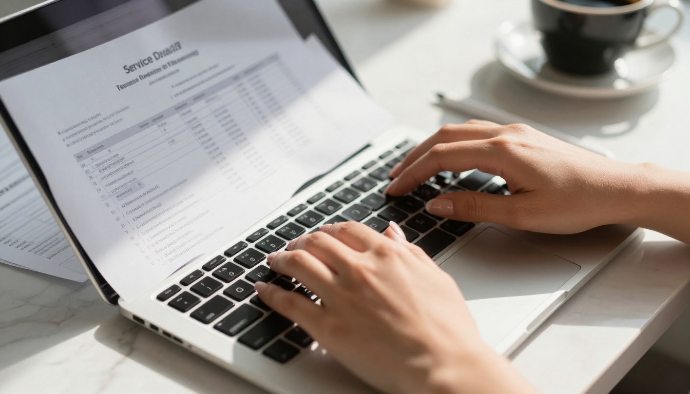 Close-up of hands typing with service documents
