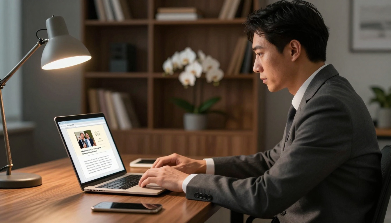 Funeral director designing a digital memorial booklet at desk