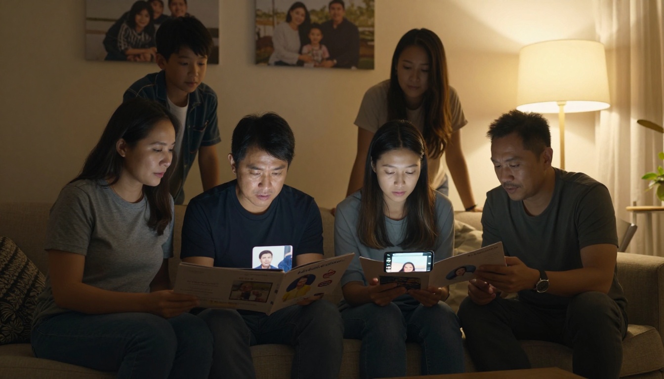 Family gathered around a smartphone viewing a digital memorial booklet