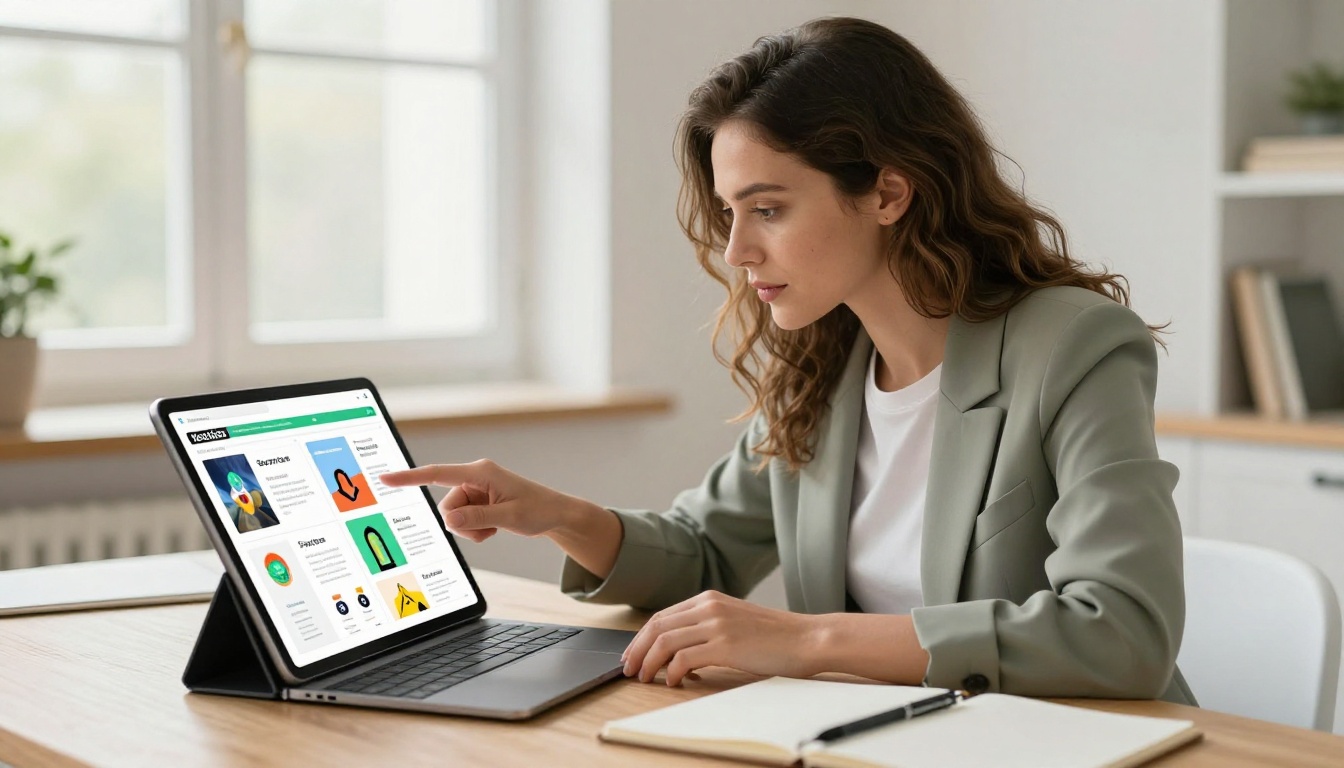 Woman reviewing interactive flipbook on tablet