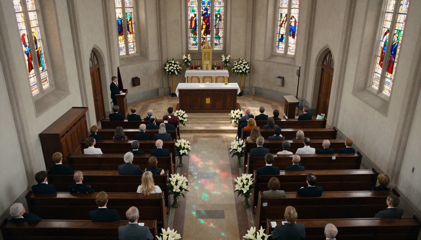 Aerial view of a memorial chapel service with attendees in pews