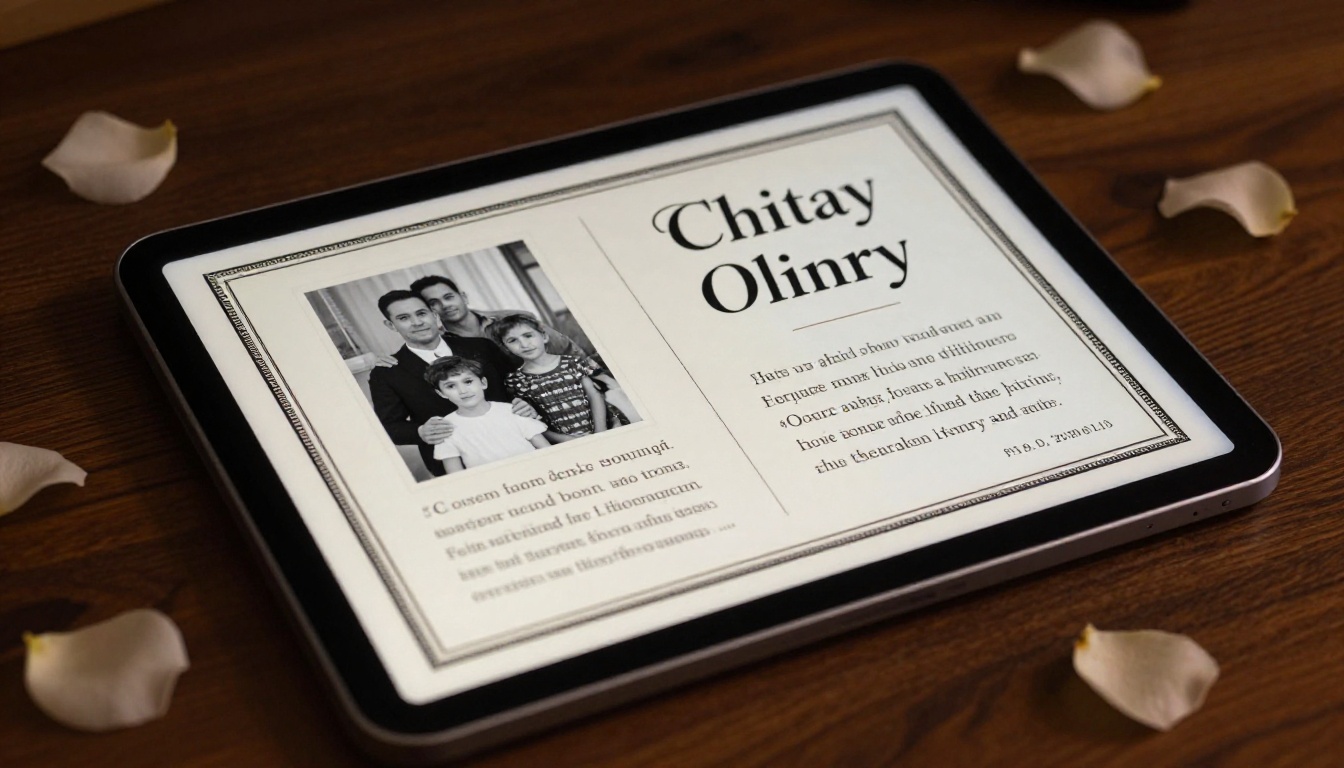 Tablet screen showing a digital memorial flipbook with family photos