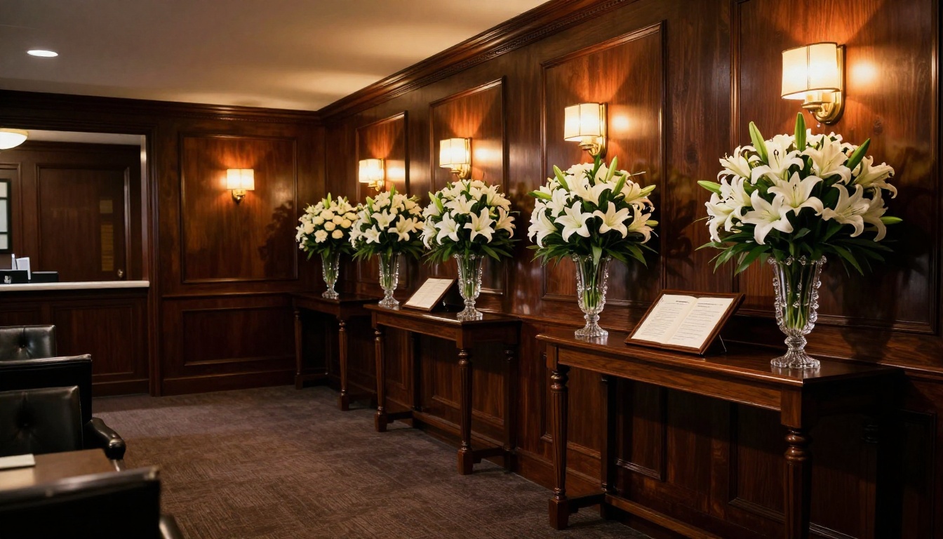 Funeral home reception lobby with white flower arrangements