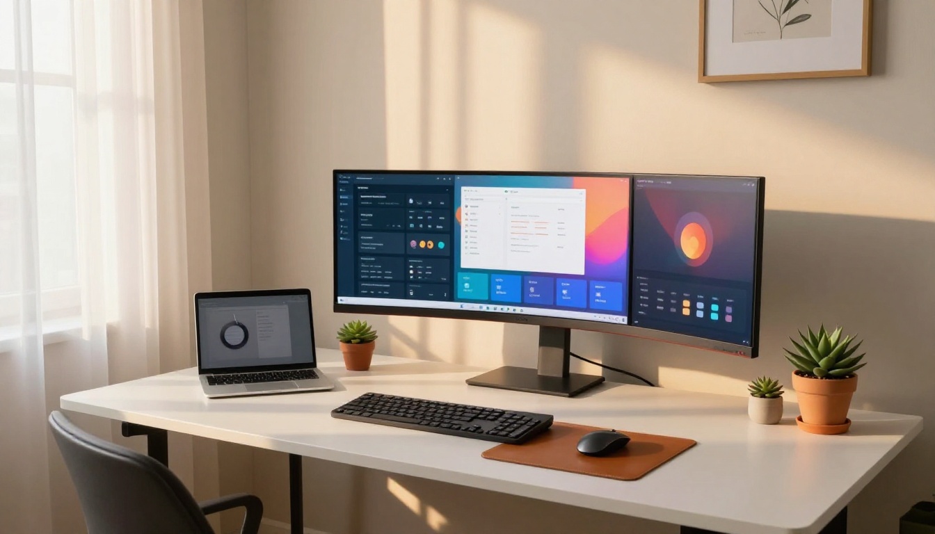 Organized home office setup with multiple monitors