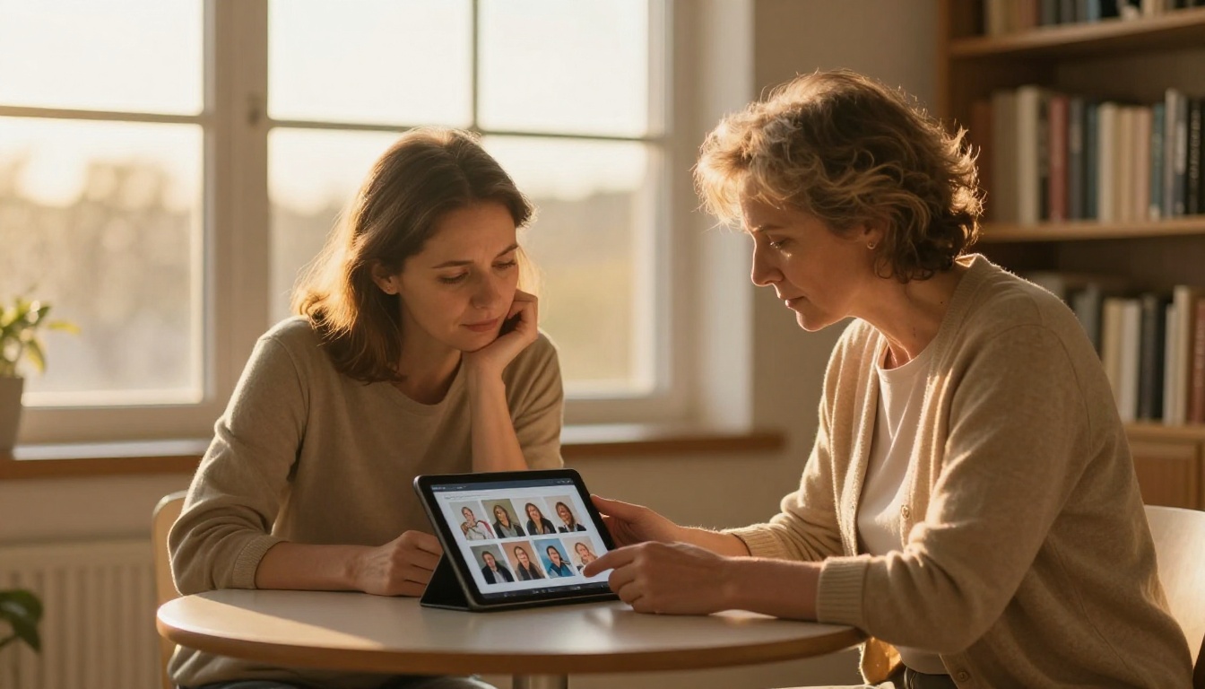 Grief counselor showing digital memorial booklet to a family