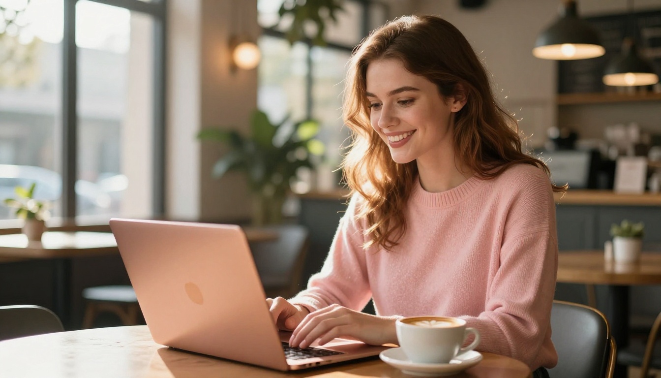 Professional woman working confidently in coffee shop